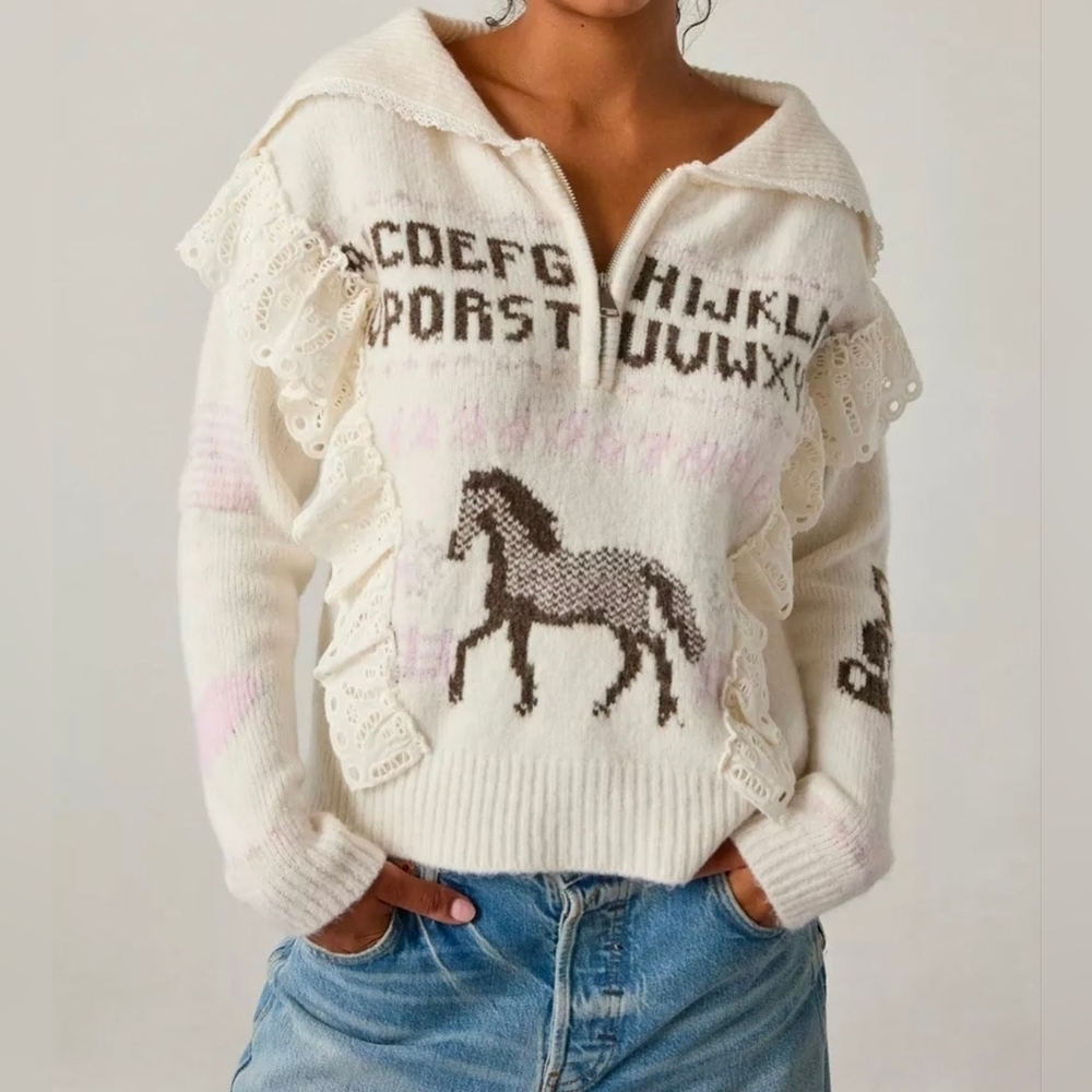 Kimchi Blue Urban Outfitters Ivory Paloma Lace Trim Quarter Zip Pullover Sweater